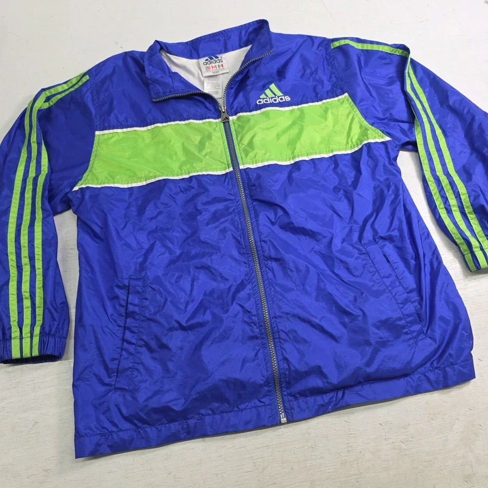 Vintage Adidas Track Jacket 3 Stripes Logo Green Blue‎ Colorblock Lined Youth XL